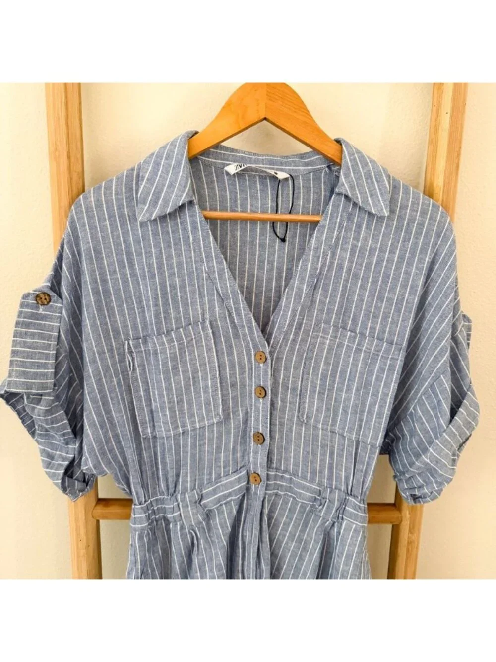 Zara Striped Linen Blend Short Romper Blue White Roll Tab Size Medium